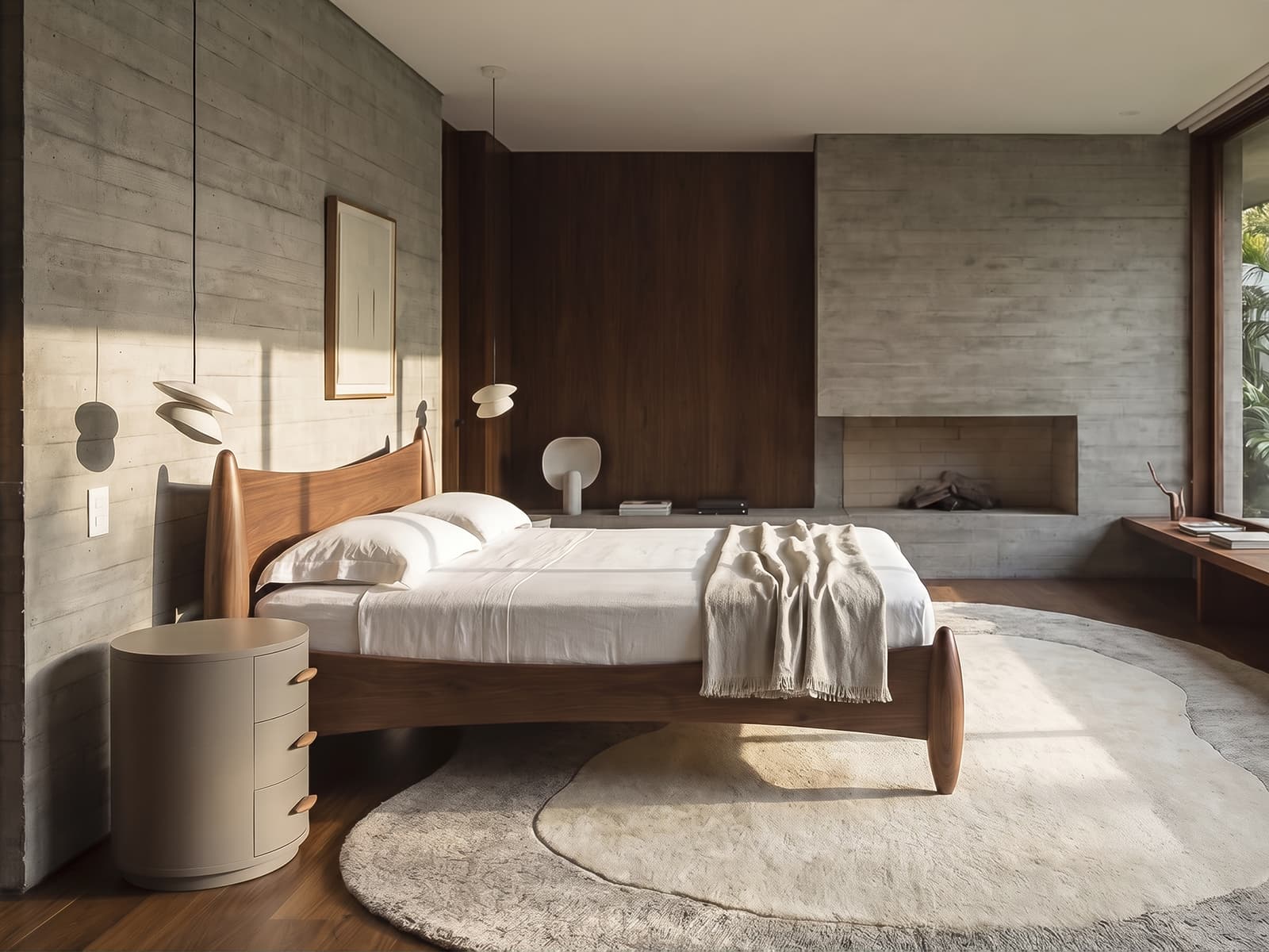 Quarto com cama estofada e iluminação suave