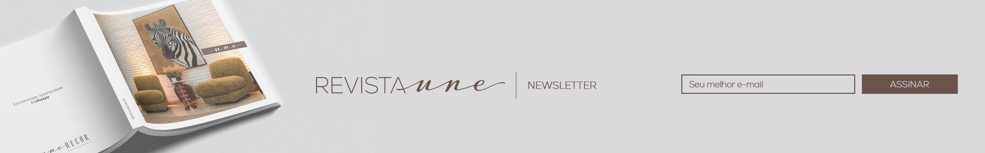 Revista Une — mockup da revista e assinatura da newsletter